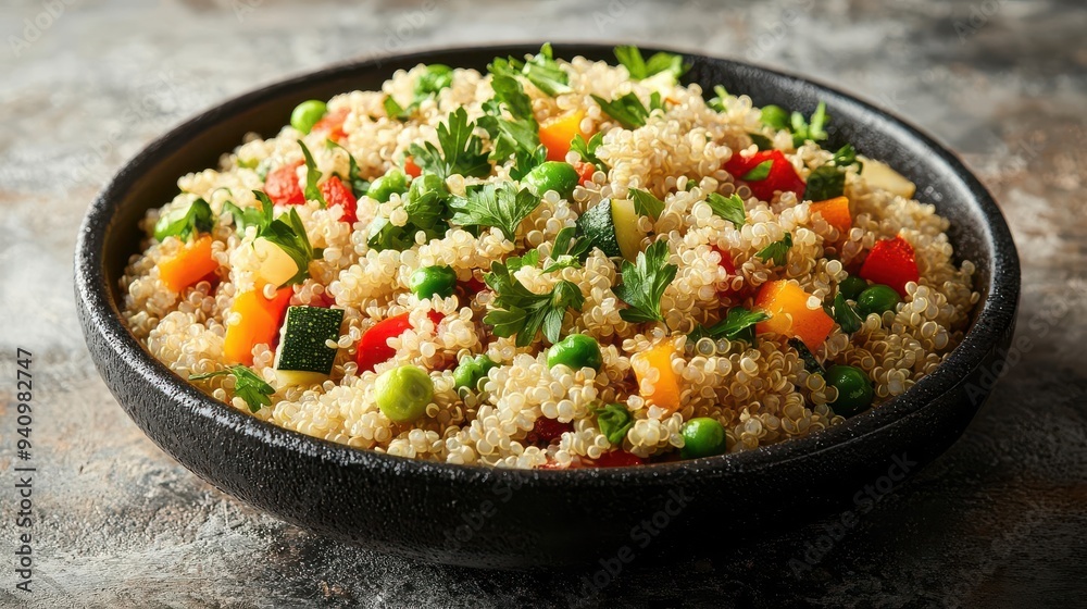 Steamed quinoa with mixed vegetables, high in protein and antioxidants