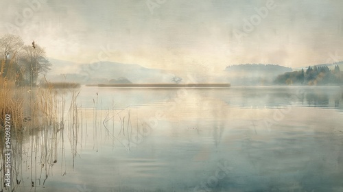 A serene lakeside with mist rising
