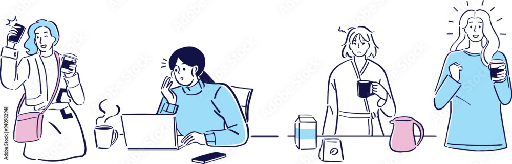 Minimalist Flat Illustration Depicting Girls in Different Moods Accompanied by Coffee for Every Moment Minimalist Flat Illustration Depicting Girls in Different Moods Accompanied by Coffee for Every Moment
