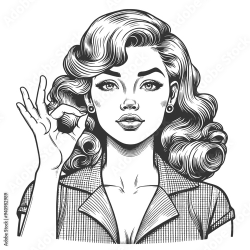 pin-up girl in a plaid shirt and shorts, giving the OK okay sign, retro charm and positivity sketch engraving generative ai vector illustration. Scratch board imitation. Black and white image.