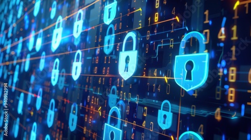 Digital representation of cybersecurity with padlocks and binary code.