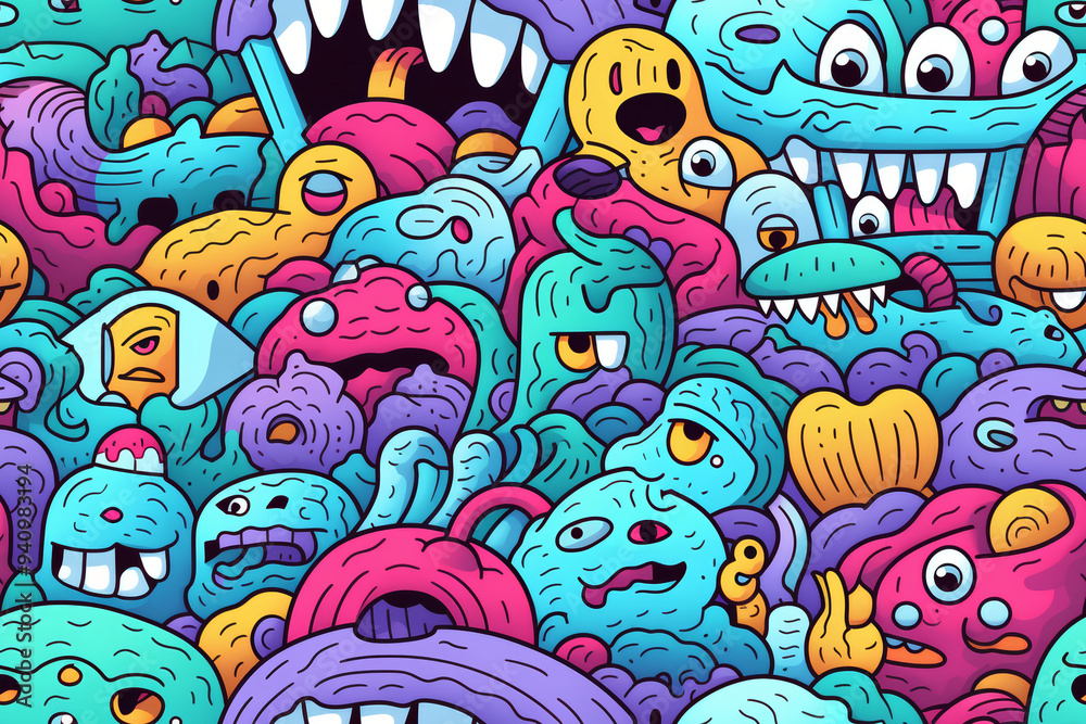 A chaotic and colorful illustration of various cartoon monsters in a dense pattern. A chaotic and colorful illustration of various cartoon monsters in a dense pattern.