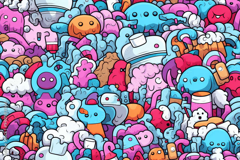 A chaotic and colorful pattern filled with a variety of cute doodle characters, including cartoon animals, food, and objects. The pattern is perfect for use as a background or wallpaper. A chaotic and colorful pattern filled with a variety of cute doodle characters, including cartoon animals, food, and objects. The pattern is perfect for use as a background or wallpaper.