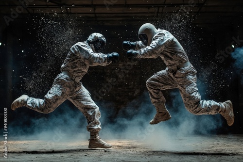 Two soldiers, fully geared, leap towards each other in a dramatic, mid-air battle scene, encapsulating the heightened tension and kinetic energy typical of intense military engagements. photo