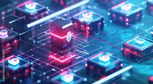 A futuristic digital landscape featuring a secure data block amidst interconnected circuits.