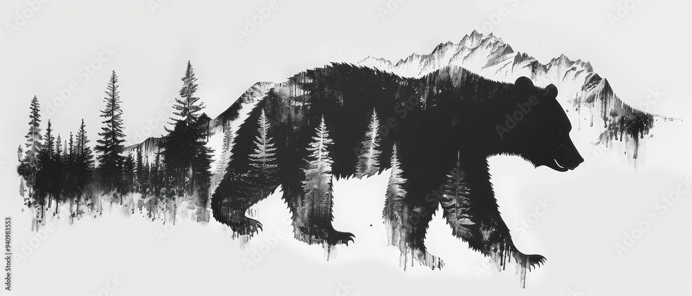 Naklejka premium Mountain bear with reflected landscape illustration art.