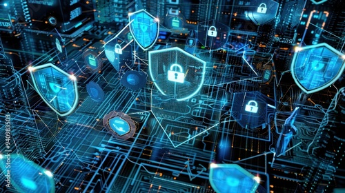 Digital landscape with security shields and circuit patterns representing cybersecurity.