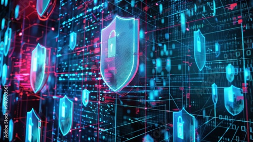 Digital representation of cybersecurity with shields and data streams.