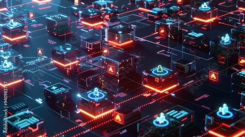 A vibrant digital landscape featuring interconnected nodes with glowing elements.