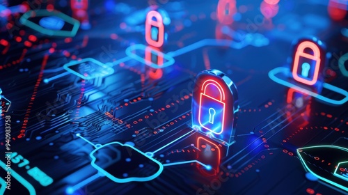 Digital representation of cybersecurity with glowing padlocks on a circuit board.