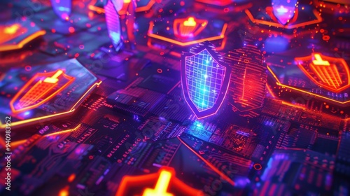 Futuristic digital landscape featuring glowing shields and circuit patterns, symbolizing cybersecurity.