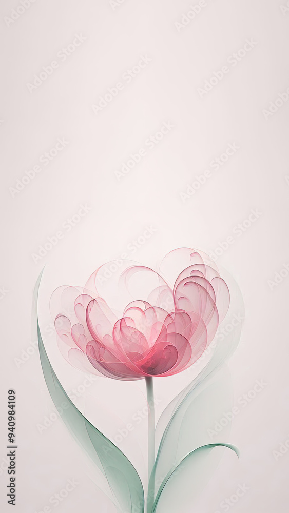 Wall paper, art print, phone cases. Minimalist image of a very transparent pink-white tulip flower with swirls, very pale green leaves. All in a very faint white digital smoke environment. Wall paper, art print, phone cases. Minimalist image of a very transparent pink-white tulip flower with swirls, very pale green leaves. All in a very faint white digital smoke environment.