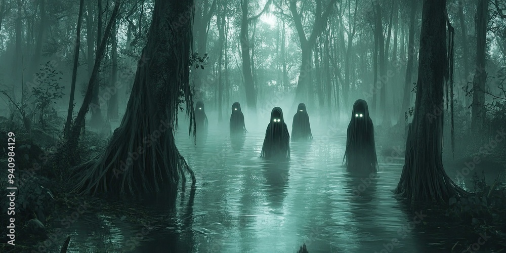 Glowing eyed figures in foggy swamp.