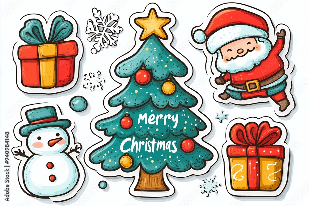 A festive illustration featuring Christmas elements like a tree, gifts, Santa, and a snowman. A festive illustration featuring Christmas elements like a tree, gifts, Santa, and a snowman.