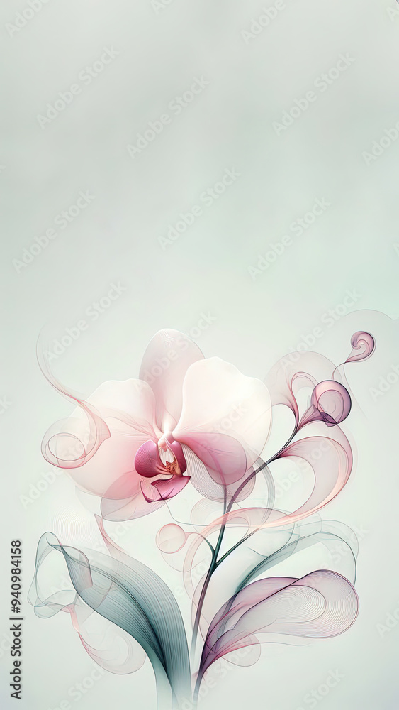 Wall paper, art print, phone cases. Minimalist image of a very transparent pink-white orchid flower with swirls, very pale green leaves. All in a very faint white digital smoke environment. Wall paper, art print, phone cases. Minimalist image of a very transparent pink-white orchid flower with swirls, very pale green leaves. All in a very faint white digital smoke environment.