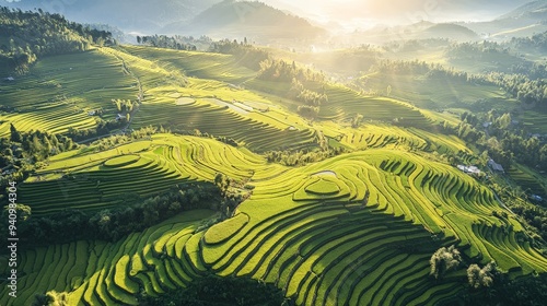 Aerial view of the terraced rice fields in Sapa, Vietnam, glowing with golden light during harvest season