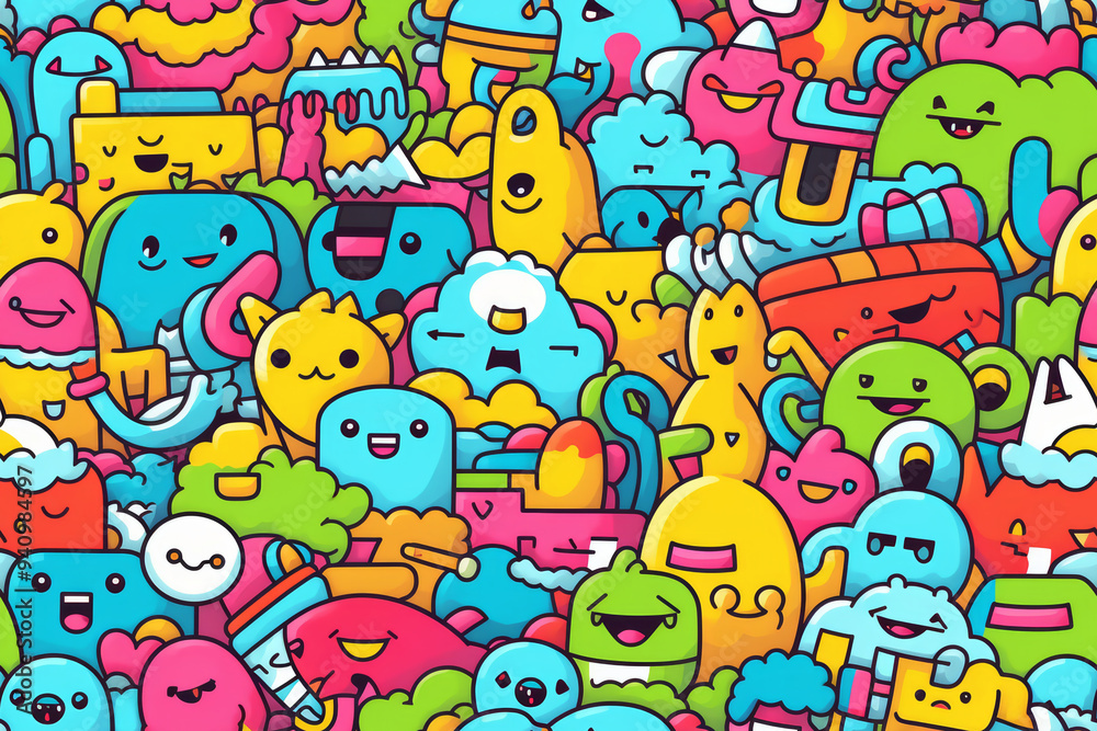 A cheerful pattern of cartoon monsters in bright colors. A cheerful pattern of cartoon monsters in bright colors.