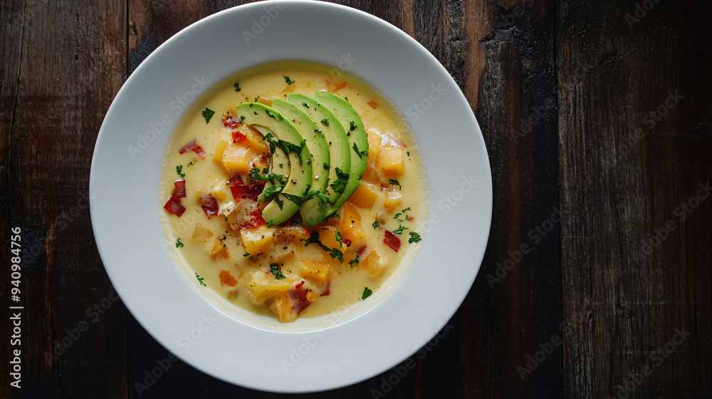 Butternut squash soup is garnished with creamy avocado slices, red pepper flakes, and parsley Butternut squash soup is garnished with creamy avocado slices, red pepper flakes, and parsley