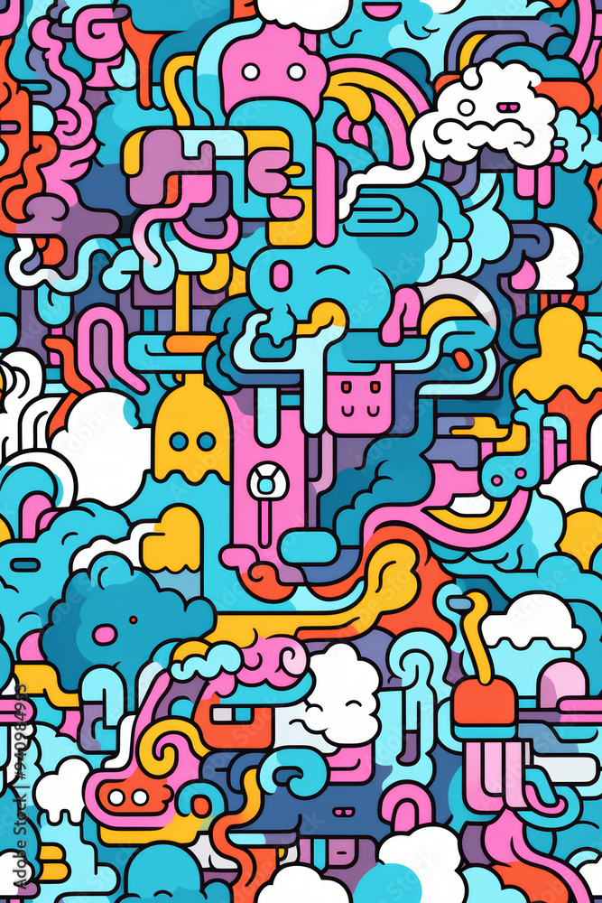 A colorful and abstract seamless pattern with various shapes and figures, including eyes, clouds, and geometric elements. A colorful and abstract seamless pattern with various shapes and figures, including eyes, clouds, and geometric elements.