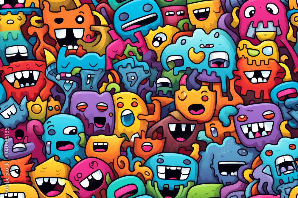 A colorful and chaotic background pattern of cartoon monsters. A colorful and chaotic background pattern of cartoon monsters.