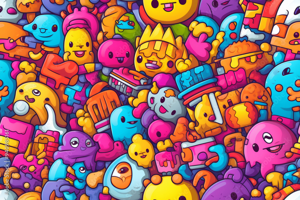 A colorful and chaotic background pattern with cute cartoon characters and doodles. A colorful and chaotic background pattern with cute cartoon characters and doodles.