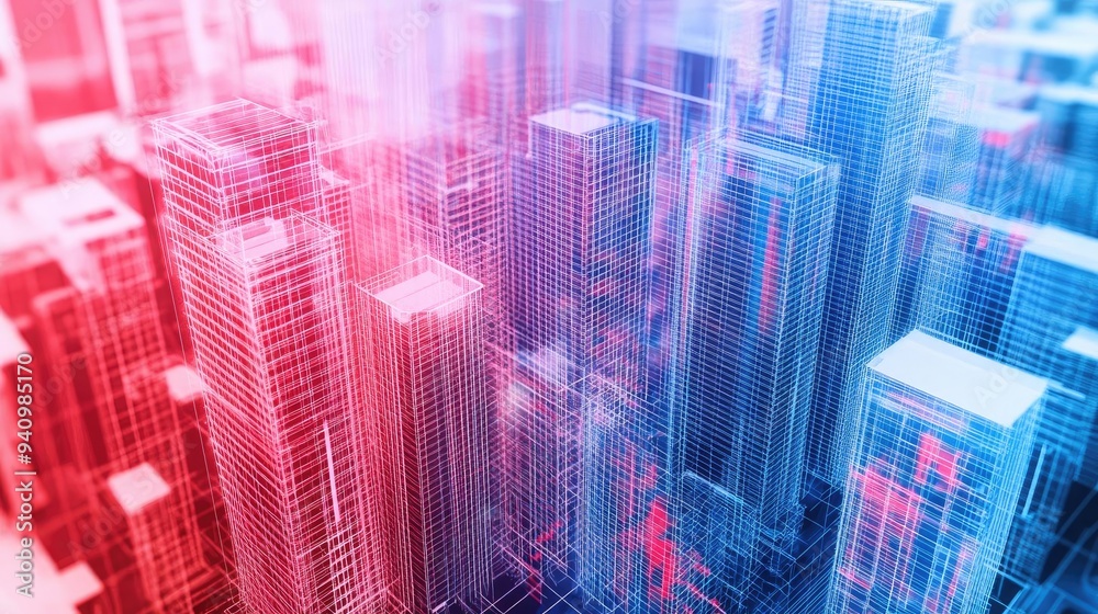 Vibrant city skyline with futuristic architecture, showcasing modern buildings in shades of blue and red. Perfect for technology themes. Vibrant city skyline with futuristic architecture, showcasing modern buildings in shades of blue and red. Perfect for technology themes.