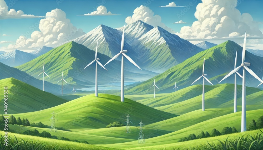 3D landscape with wind turbines on green hills and mountains in the background, under a blue sky with clouds 3D landscape with wind turbines on green hills and mountains in the background, under a blue sky with clouds