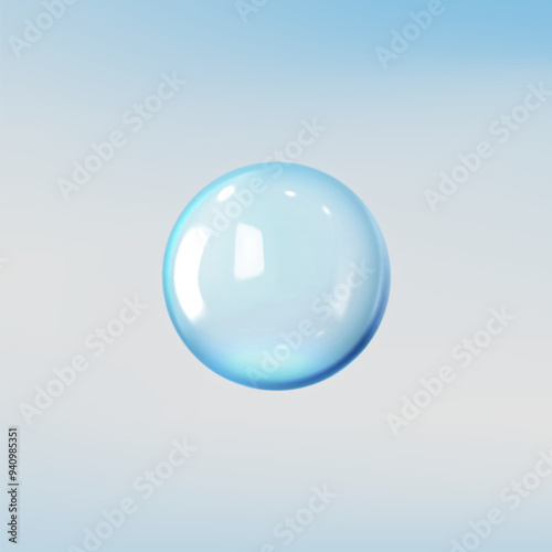 Realistic 3D glass ball with glares and highlights, vector volume glossy clear blue circle, transparent glass sphere