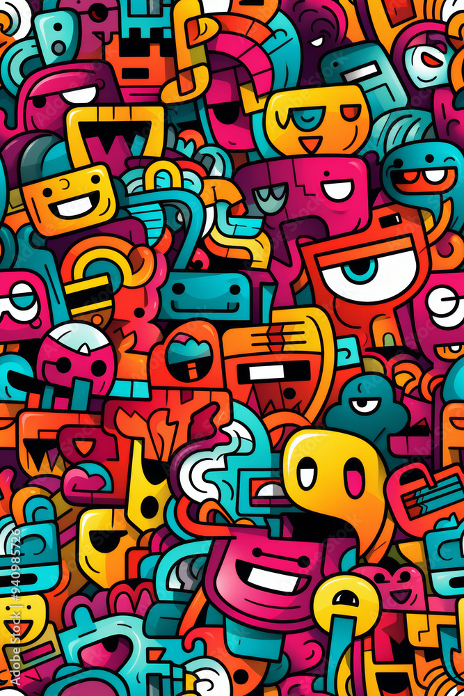 A colorful and chaotic pattern of cartoon characters, faces, and abstract shapes. A colorful and chaotic pattern of cartoon characters, faces, and abstract shapes.
