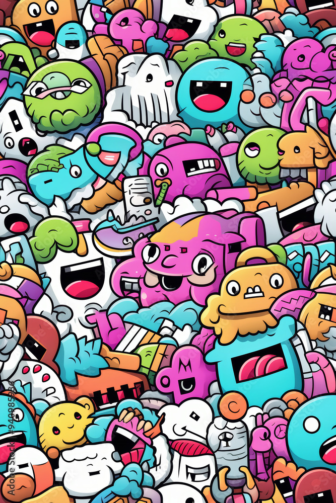 A colorful and chaotic pattern of cartoon monsters and doodles. A colorful and chaotic pattern of cartoon monsters and doodles.