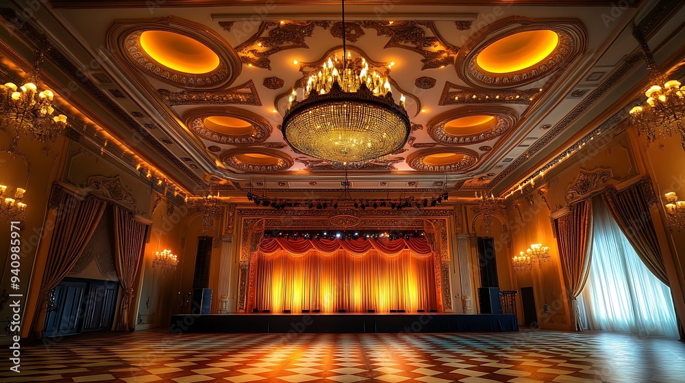Fototapeta premium A well-lit event space with chandeliers and an elaborately designed stage