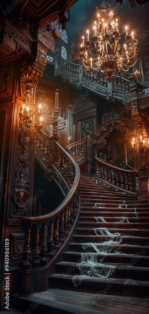 Obraz premium Majestic, dimly-lit grand staircase in an old, ornate mansion with cobwebs, chandeliers, and an eerie atmosphere.