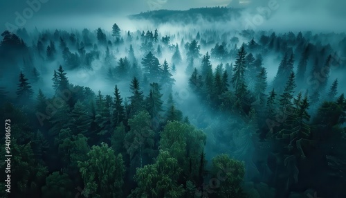 Aerial view of a misty forest at dawn with dense fog enveloping trees, creating an ethereal and serene atmosphere in nature.