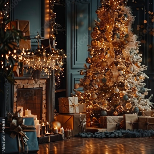 interior christmas. magic glowing tree, fireplace, gifts in dark
