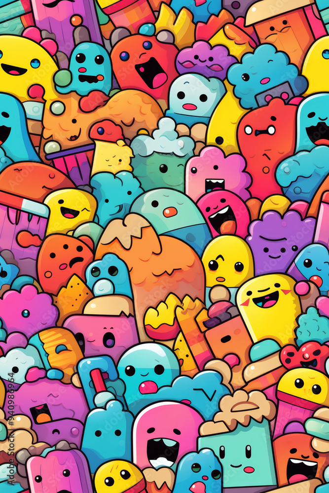 A colorful and chaotic pattern of cute cartoon characters, including monsters, creatures, and objects. A colorful and chaotic pattern of cute cartoon characters, including monsters, creatures, and objects.