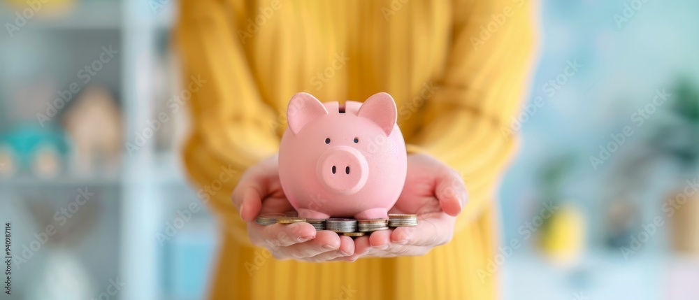 Obraz premium A woman is holding a pink piggy bank with coins inside by AI generated image
