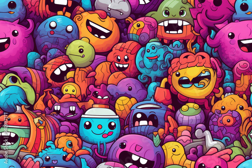 A colorful and chaotic pattern of happy cartoon monsters in various shapes and sizes.