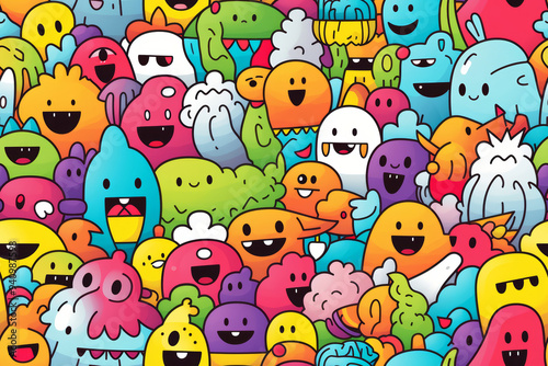 A colorful and fun pattern of cartoon monsters with different expressions and colors.