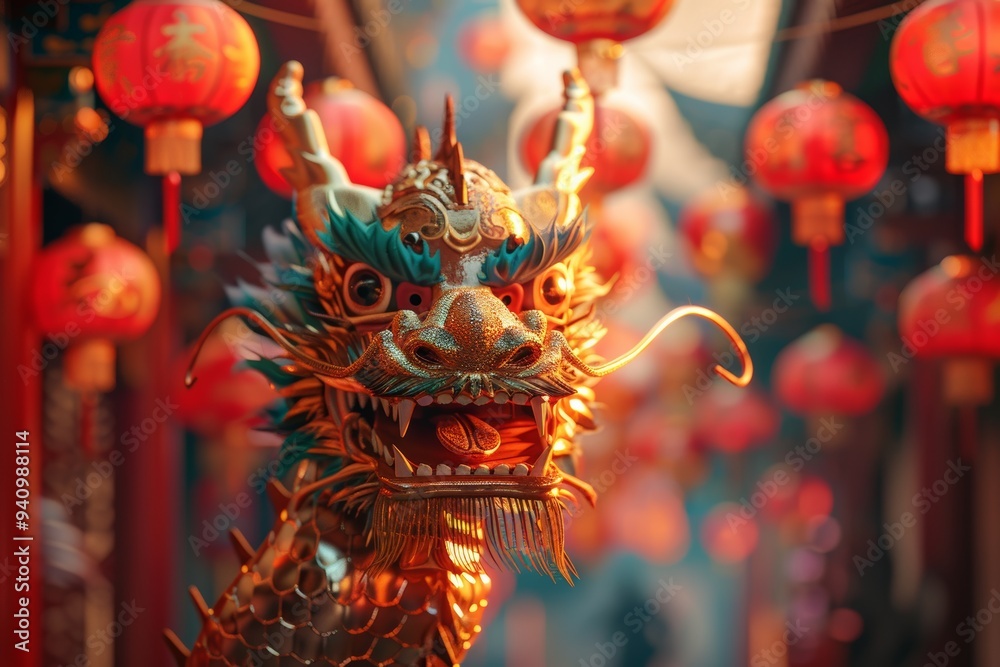 Fototapeta premium Amid Chinatown's energy, captivating dragon dance enchants spectators with graceful movements and vibrant colors against backdrop of bustling crowds, festive decorations.