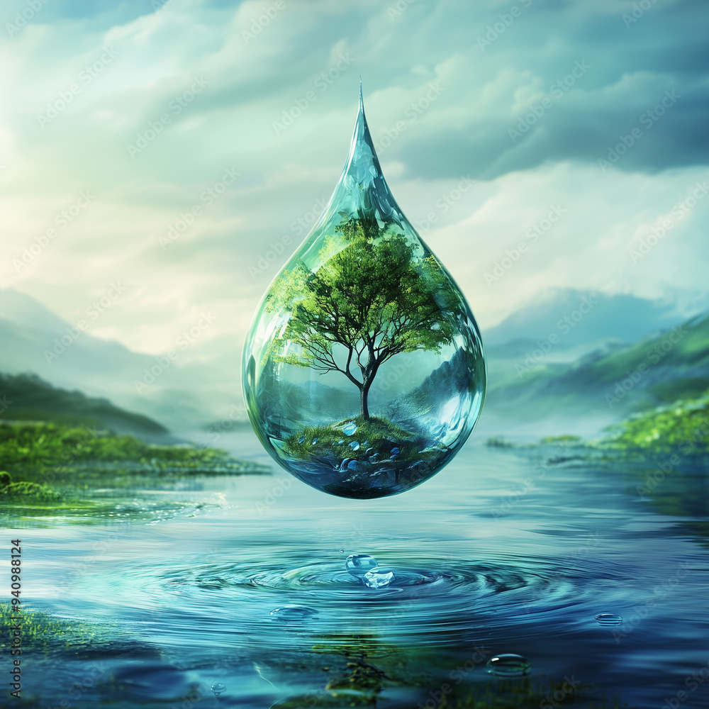 Fototapeta premium Water world in a drop of water, environmental awareness concept