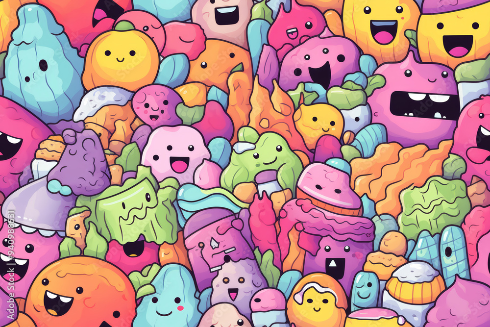 A colorful and playful doodle pattern with a variety of cute characters. A colorful and playful doodle pattern with a variety of cute characters.