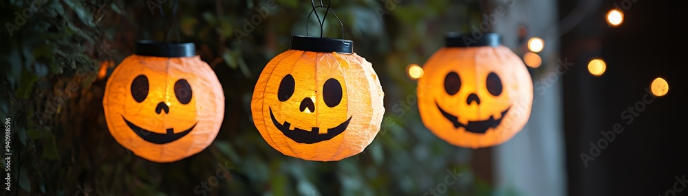 Naklejka premium Three glowing pumpkin lanterns with smiling faces, perfect for Halloween decoration.