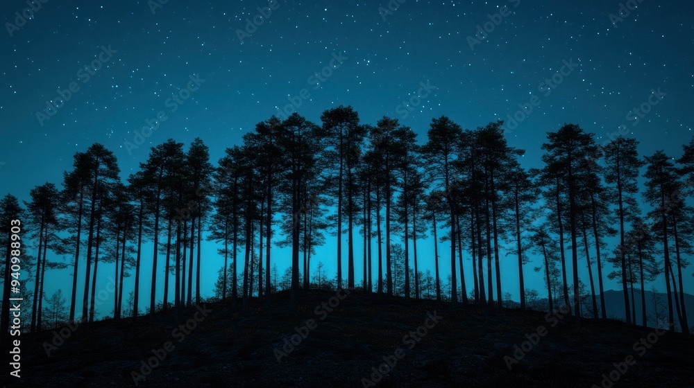 Silhouetted Trees Against a Deep Blue Nocturnal Sky, A Stunning Nighttime Landscape Photograph Capturing the Beauty of Nature's Tranquility