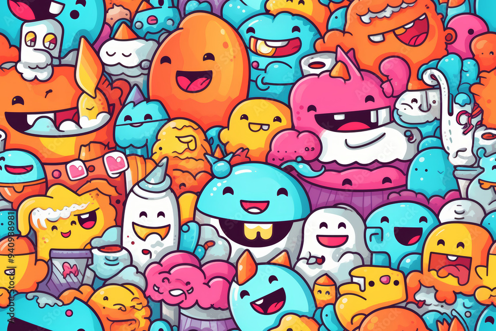 A colorful and playful pattern featuring a variety of cartoon monsters with different expressions and features. A colorful and playful pattern featuring a variety of cartoon monsters with different expressions and features.
