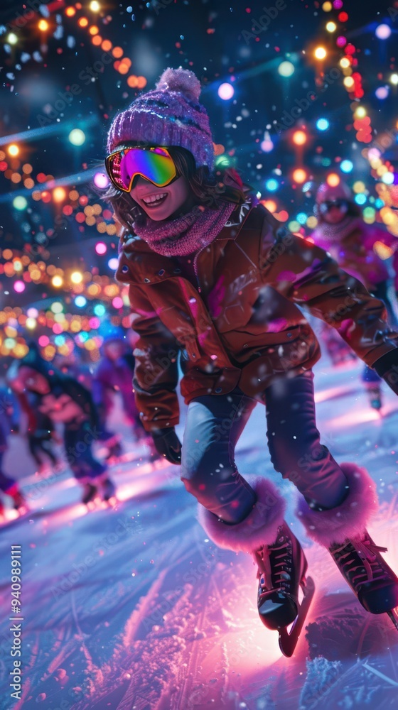 Child enjoying ice skating under festive lights at a vibrant winter festival, capturing the joy and excitement of the holiday season.