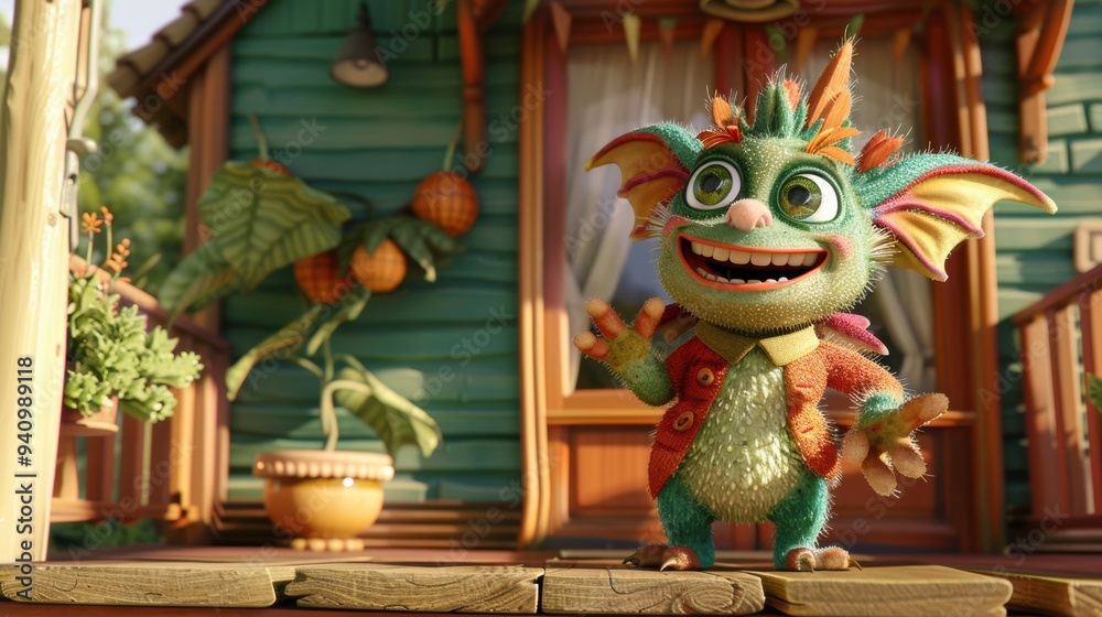 Fototapeta premium A charming 3D-rendered monster stands happily in front of a whimsical house. Perfect for children’s stories or animations, this character adds a touch of fun and imagination.