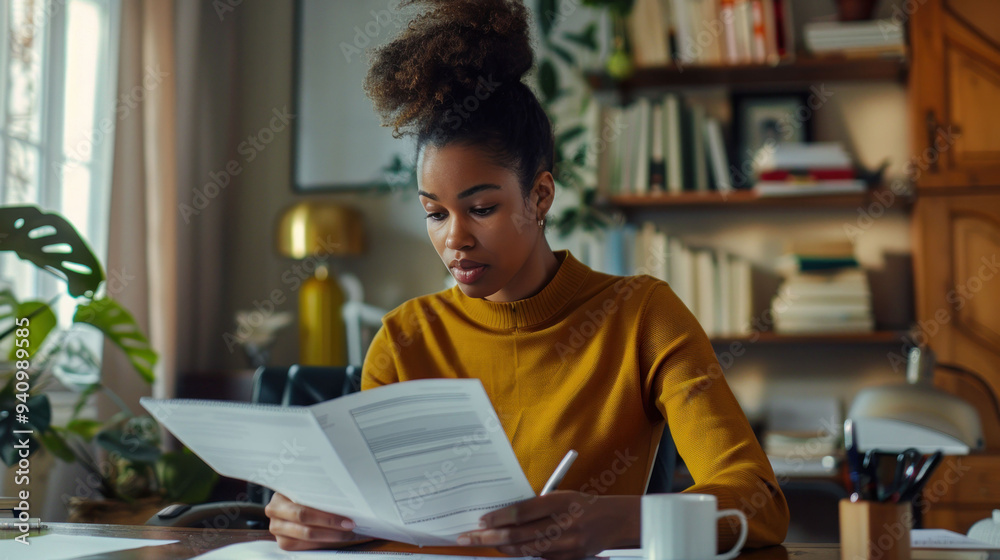 Focused woman reading documents in cozy office setting, displaying concentration and determination. Focused woman reading documents in cozy office setting, displaying concentration and determination.
