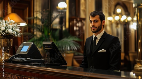 A professional concierge in a luxury hotel, elegantly dressed, warmly welcoming guests, showcasing high-end hospitality service.
