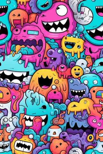 A colorful and playful pattern of cartoon monsters with big smiles and googly eyes.