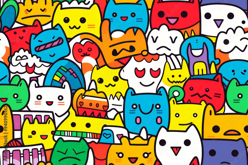 A colorful and playful pattern of cute cats with different expressions and colors. A colorful and playful pattern of cute cats with different expressions and colors.